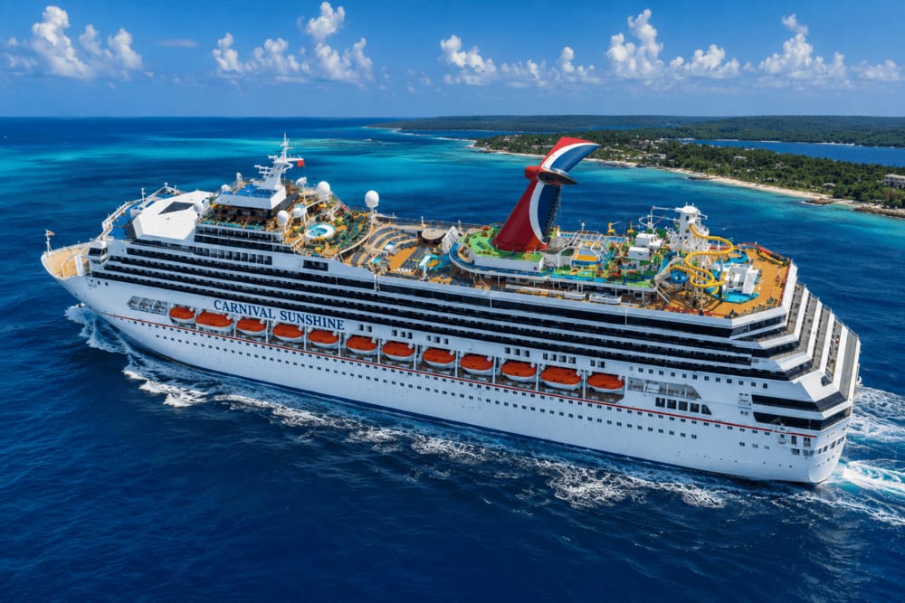 Carnival Sunshine reviews cruise ship sailing near a tropical destination