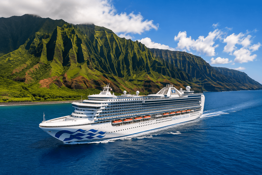 Princess Cruises Hawaii ship sailing near Kauai's Na Pali Coast