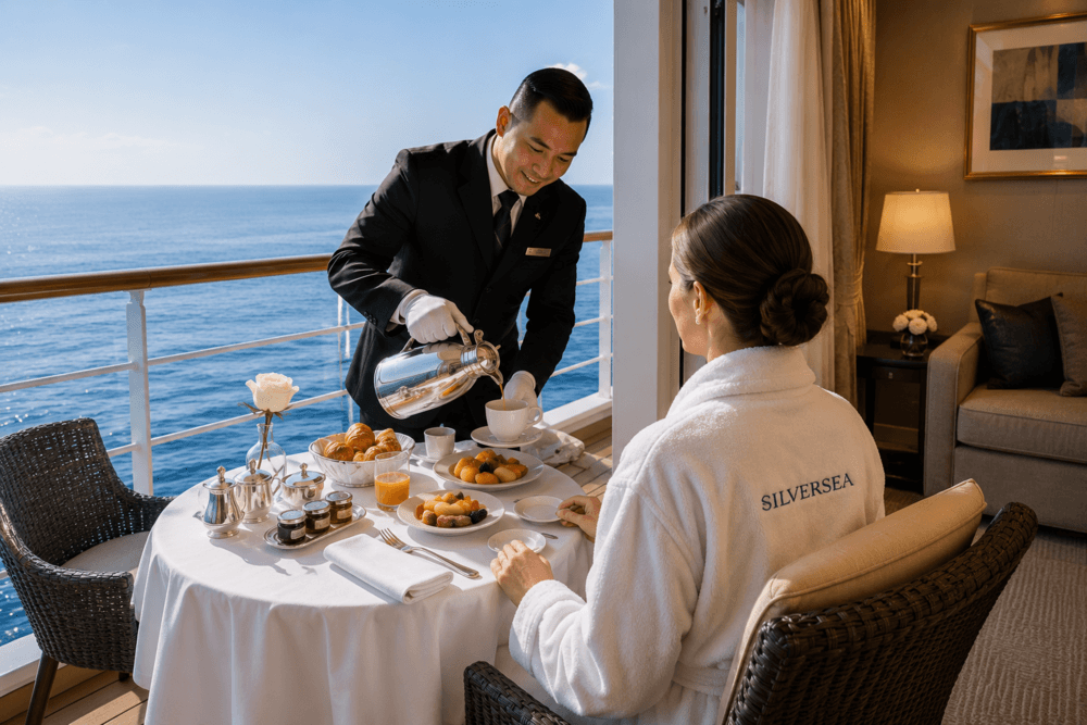 Silver Spirit butler service delivering breakfast on a private veranda